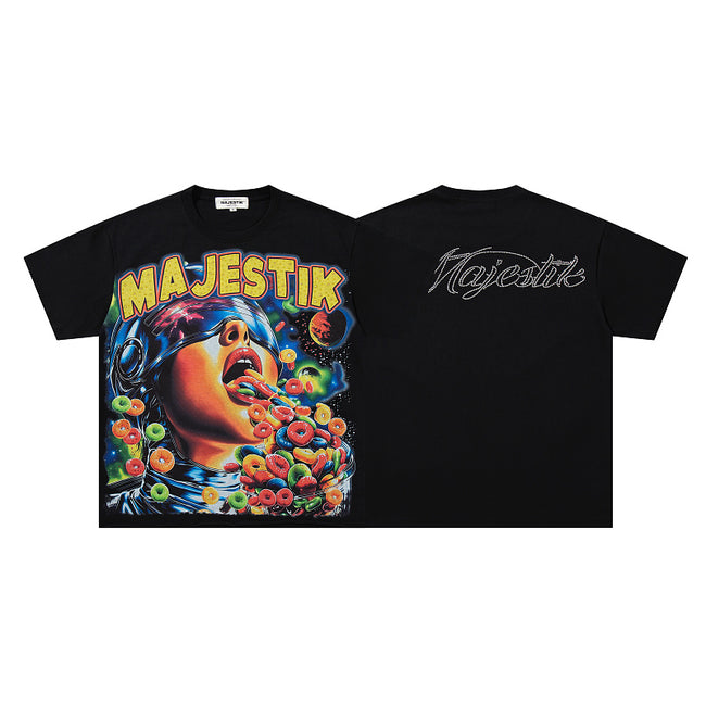 MAJESTIK Psychedelic Cereal Graphic T-Shirt Unisex Black Y2K Pop Art Vintage Oversized Streetwear Short Sleeve Top Hover Image