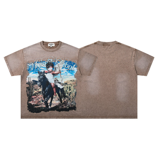 Vintage Washed Brown Cowboy Horse Graphic T-Shirt Unisex Sun-Faded Western Desert Oversized Streetwear Short Sleeve Top Hover Image