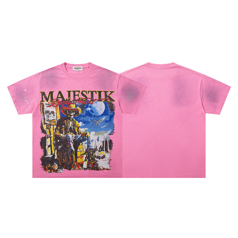 MAJESTIK Distressed Pink Cowboy Graphic T-Shirt Unisex Acid Wash Sun-Faded Western Gothic Oversized Streetwear Short Sleeve Top