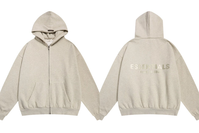 Fog Essentials Heather Oatmeal Zip‑Up Hoodie, Gold‑Tone Back Logo Oversized Outerwear Hover Image