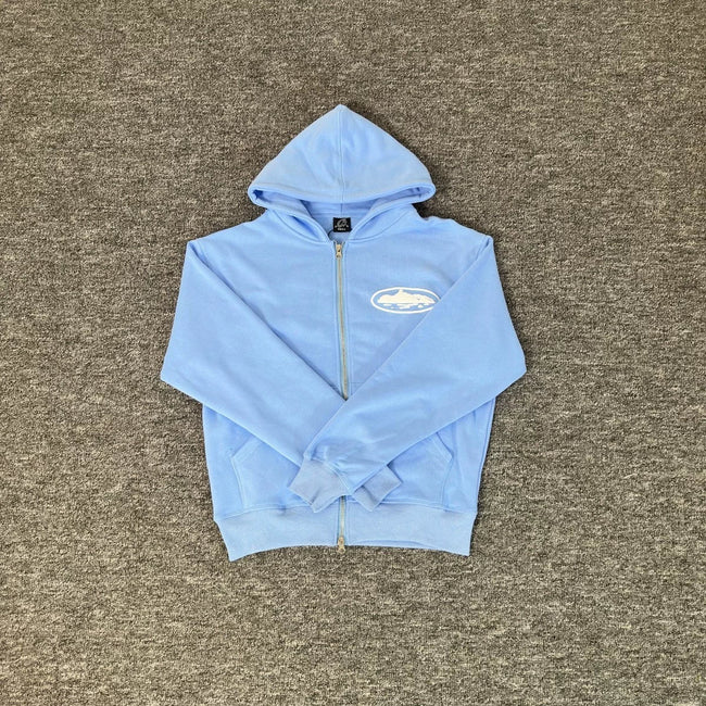 Sky Blue Zip-Up Hoodie | Minimalist Streetwear Hoodie with Embroidered Logo Detail Hover Image