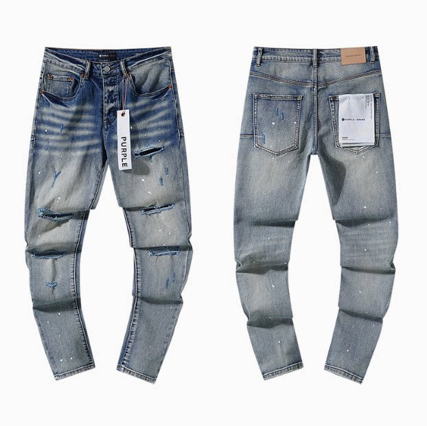 Multi‑Layer Ripped Paint‑Splatter Vintage Slim Denim Jeans Hover Image