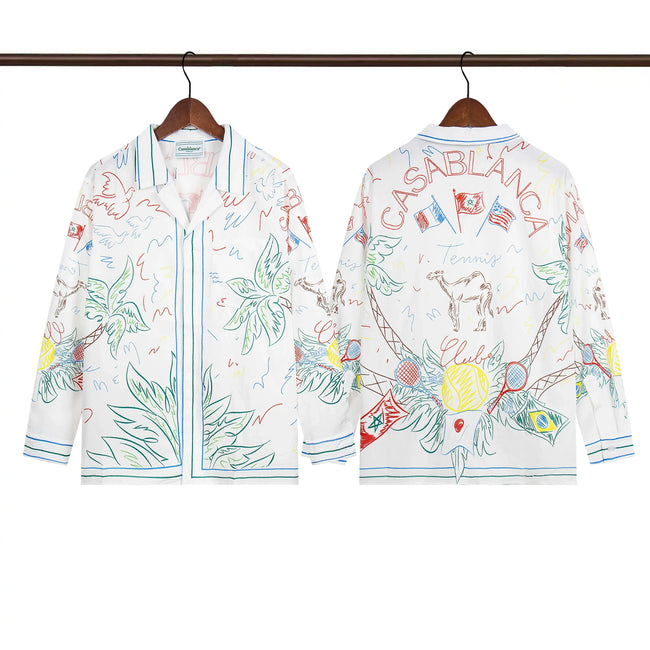 Casablanca Sketch Palm & Crest Silk-Style Shirt - White Hover Image