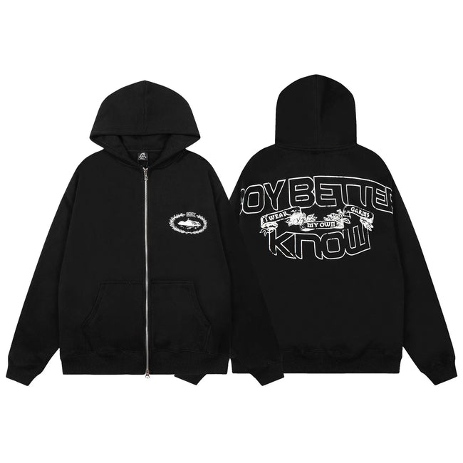 Black Graphic Zip-Up Hoodie | Streetwear Hoodie with Bold Back Lettering Design Hover Image