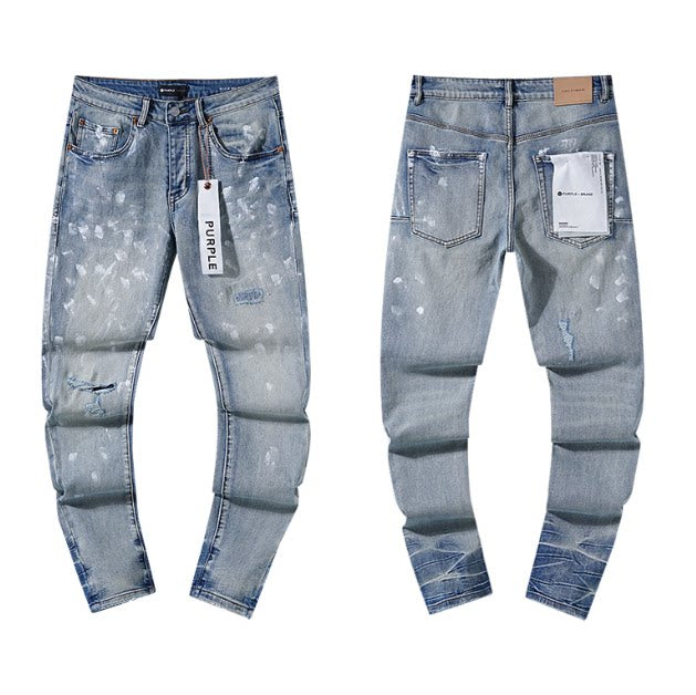 Full‑Body Paint‑Splatter Light‑Wash Slim Denim Jeans Streetwear Pants