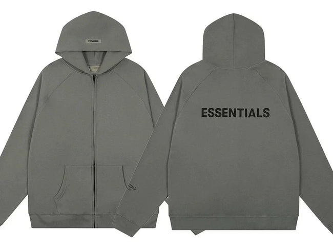 Fog Essentials Grey Oversized Full‑Zip Hoodie With Back “ESSENTIALS” Logo Print Hover Image