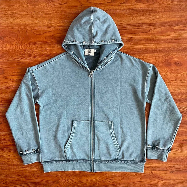 SAINT VANITY ins same style washed water distressed rivet hooded sweatshirt Hover Image