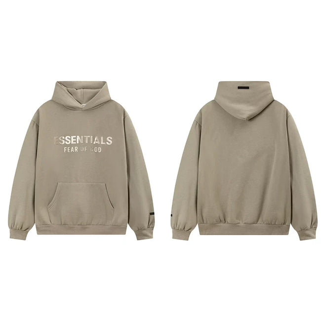 Fog Essentials Taupe Khaki Fleece‑Lined Oversized Pullover Hoodie Chest Logo Hover Image