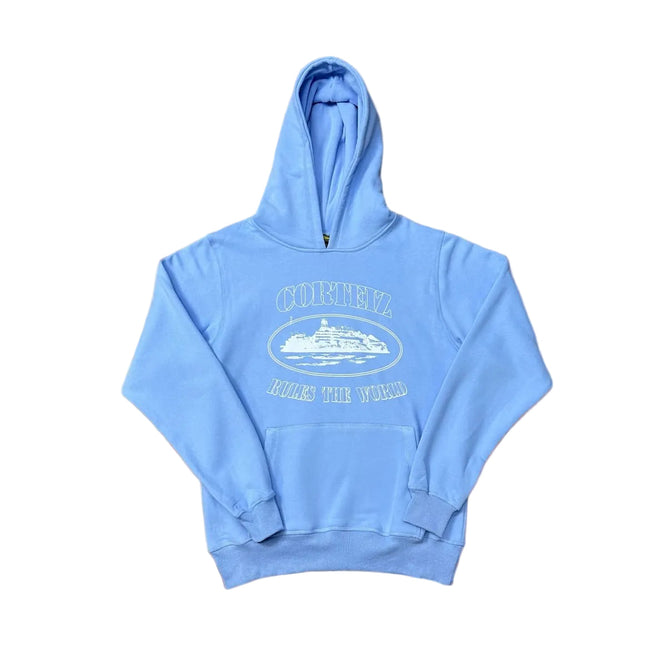 Sky Blue Vintage Graphic Hoodie – Oversized Streetwear Pullover Sweatshirt Hover Image