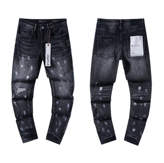 Black Wash Paint‑Splatter Distressed Slim Denim Jeans Hover Image