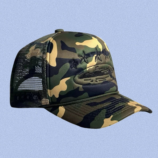 Camo Vintage Trucker Cap | Embroidered Streetwear Hat Hover Image
