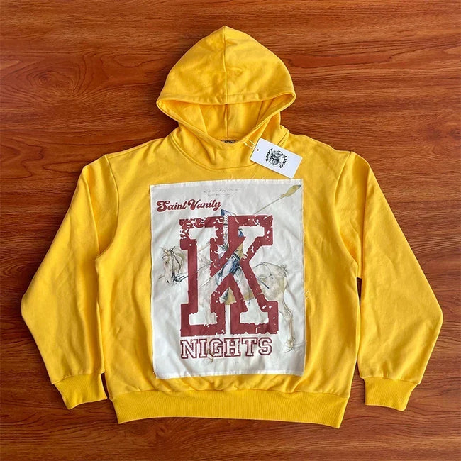SAINT VANITY Patchwork Yellow Hooded Casual Sweatshirt Hover Image