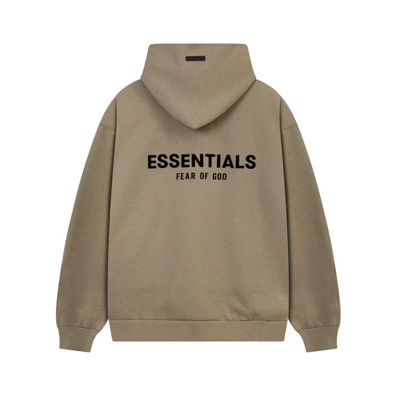 Fog Essentials Bold Black‑Print Khaki Oversized Cropped‑Hem Hooded Sweatshirt