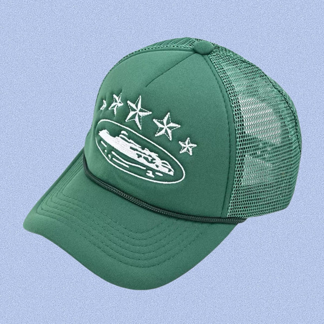 Green Vintage Trucker Cap | Embroidered Streetwear Hat Hover Image