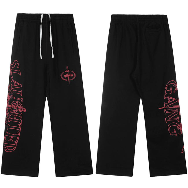 Black Graphic Straight-Leg Sweatpants | Red Letter Streetwear Pants with Side Print Detail Hover Image