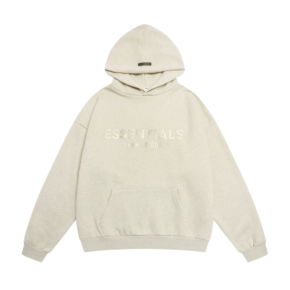 Fog Essentials Heather Oatmeal Textured‑Fabric Logo Hoodie, Oversized Cozy Hooded Pullover