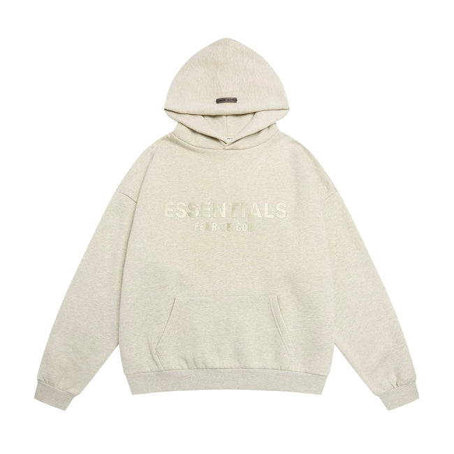 Fog Essentials Heather Oatmeal Textured‑Fabric Logo Hoodie, Oversized Cozy Hooded Pullover Hover Image
