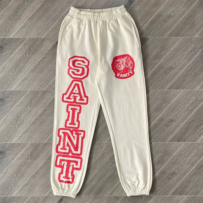 SAINT VANITY Pants - Letterprint American Casual Pure Cotton Long Pants Hover Image