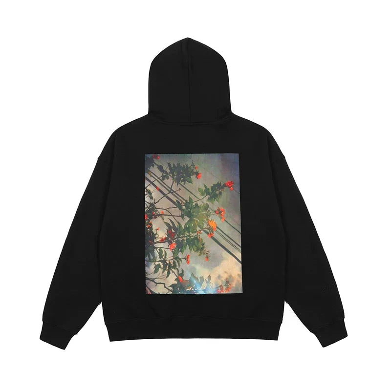 Fog Essentials Black Floral Photo Back‑Print Oversized Street‑Wear Hoodie