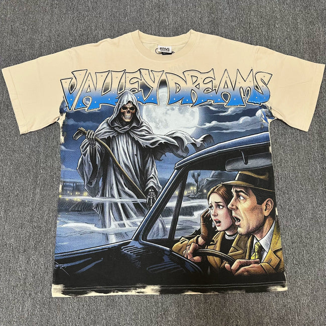 VALEFOREVER Cream Grim Reaper Retro Horror Movie Graphic Short Sleeve T-Shirt Hover Image