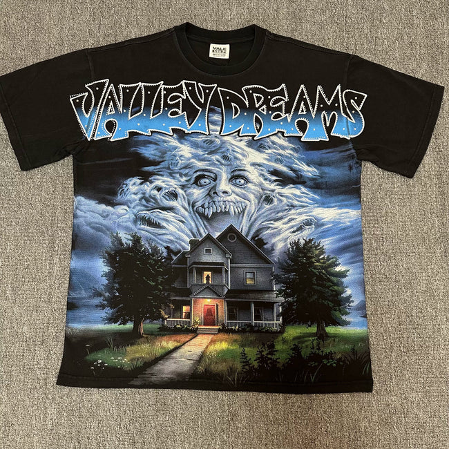 VALEFOREVER Black Haunted House Ghost Vintage Horror Graphic Short Sleeve T-Shirt Hover Image