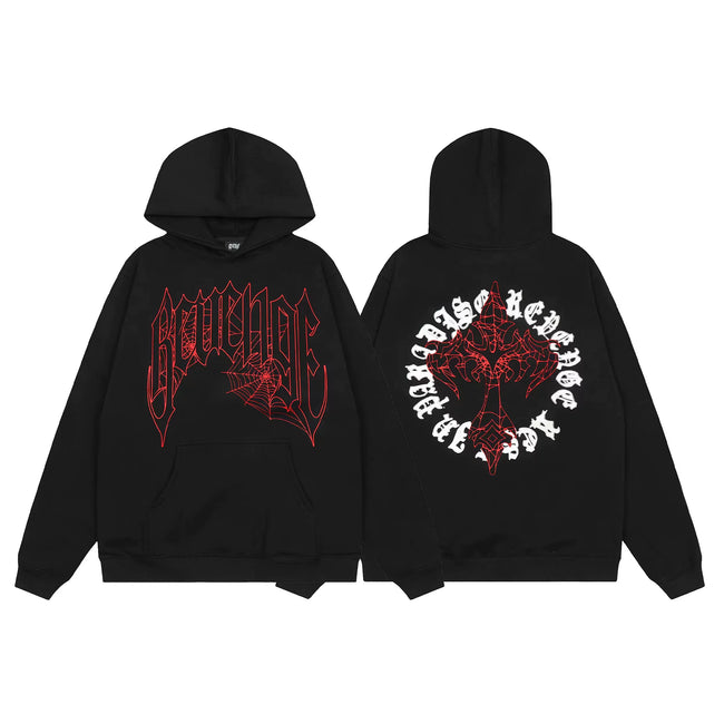 Revenge Black Red Spiderweb Cross & R.I.P Circle Pullover Hoodie Hover Image