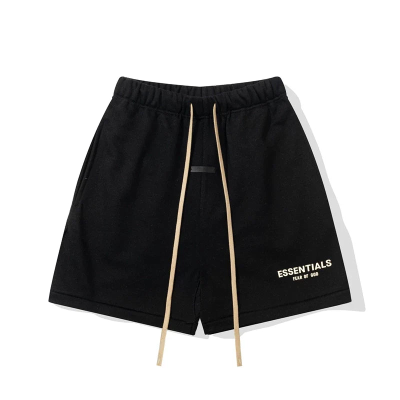 Fog Essentials Black Elastic Waist Long Beige Drawstring Gold Logo Print Street‑Wear Sweat Shorts