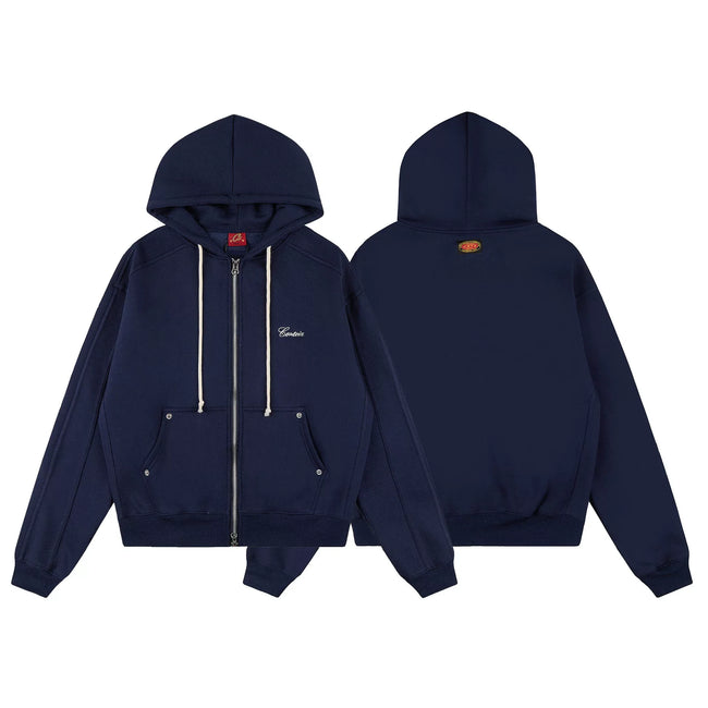 Navy Blue Zip-Up Hoodie | Minimalist Streetwear Hoodie with Premium Logo Detail Hover Image