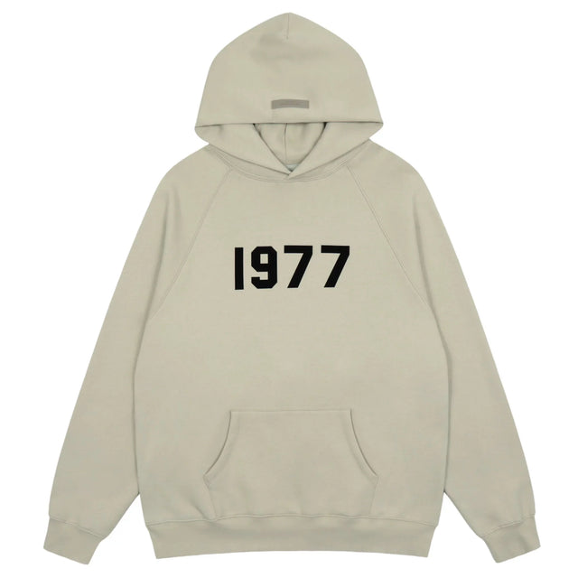 Fog Essentials Light Beige 1977 Bold Black‑Print Loose‑Fit Pullover Hoodie Hover Image