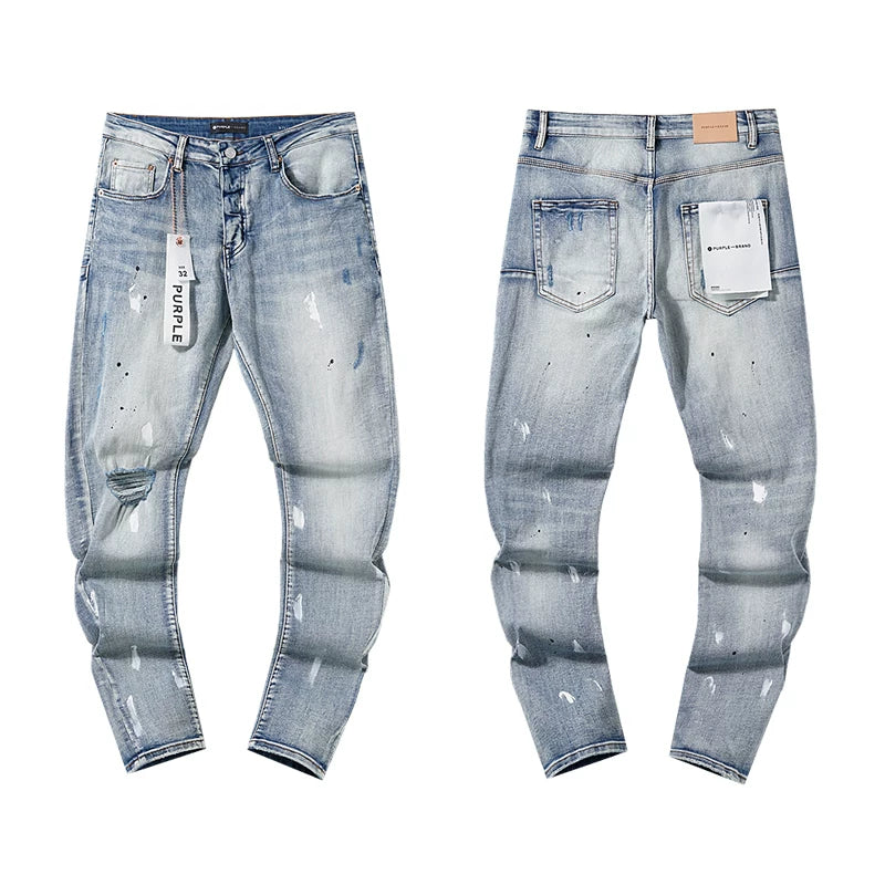 Light‑Wash Paint‑Splatter Ripped Slim Denim Jeans Streetwear Pants