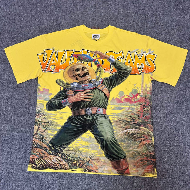 VALEFOREVER Yellow Skeleton Astronaut Vintage Graphic Short Sleeve T-Shirt Hover Image
