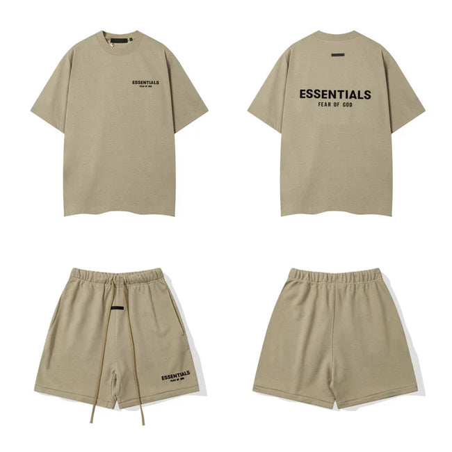 Fog Essentials Khaki Oversized T‑Shirt And Drawstring Shorts Hip‑Hop 2‑Piece Streetwear Suit Hover Image