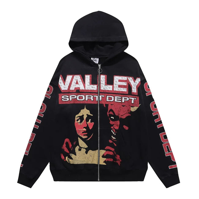 VALEFOREVER Black Valley Sport Dept Portrait Zip Up Hoodie Hover Image