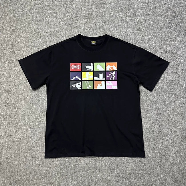 Corteiz “Alcatraz Grid” Black T-Shirt — Colorful Block Graphic on Oversized Streetwear Tee Hover Image