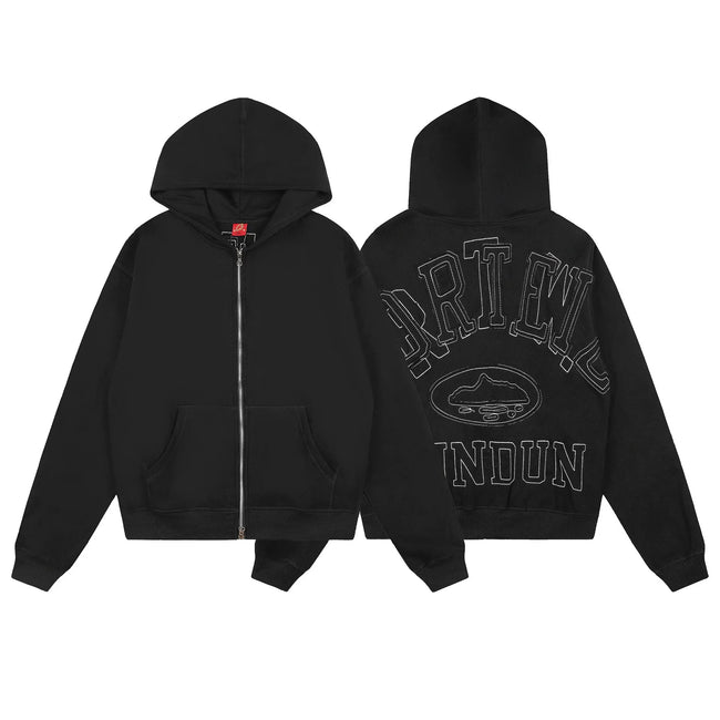 Black Graphic Zip-Up Hoodie | Streetwear Hoodie with Vintage Back Lettering Design Hover Image