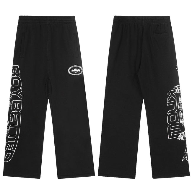Black Graphic Straight-Leg Sweatpants | Minimalist Streetwear Pants with Side Letter Print Detail Hover Image