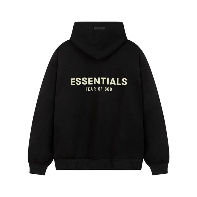 Fog Essentials Cream‑Logo Black Oversized Drop‑Shoulder Pullover Hoodie Hover Image