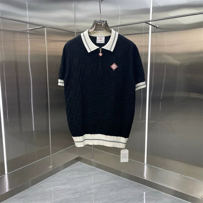Casablanca Solid Knit Polo Shirt - Navy / White Hover Image