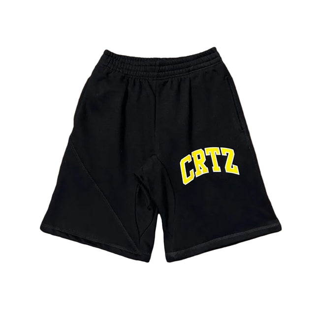 Corteiz “CRTZ” Black Shorts — Bold Yellow Lettering on Relaxed Streetwear Fit Hover Image