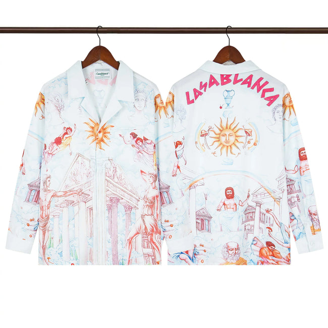 Casablanca Sun & Architectural Line-Art Silk-Style Shirt - White / Red Hover Image