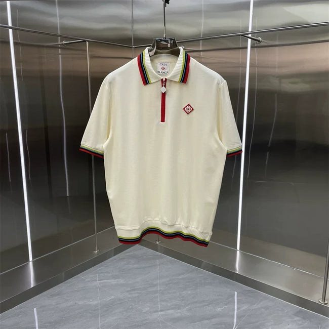Casablanca Striped Trim Knit Polo Shirt - Off-White / Burgundy Hover Image