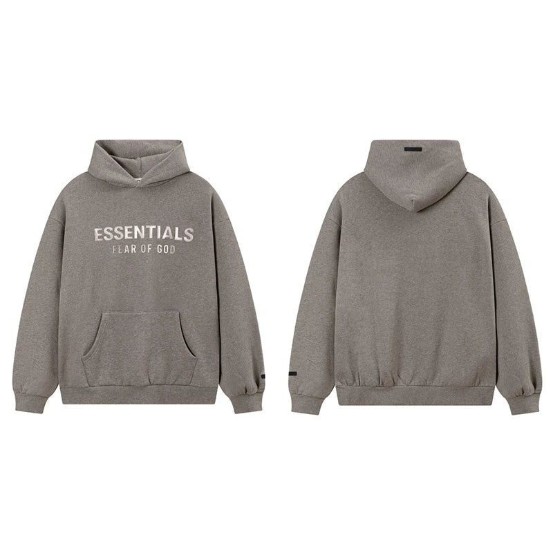 Fog Essentials Dark Greige Fleece‑Lined Oversized Pullover Hoodie Chest Logo Print