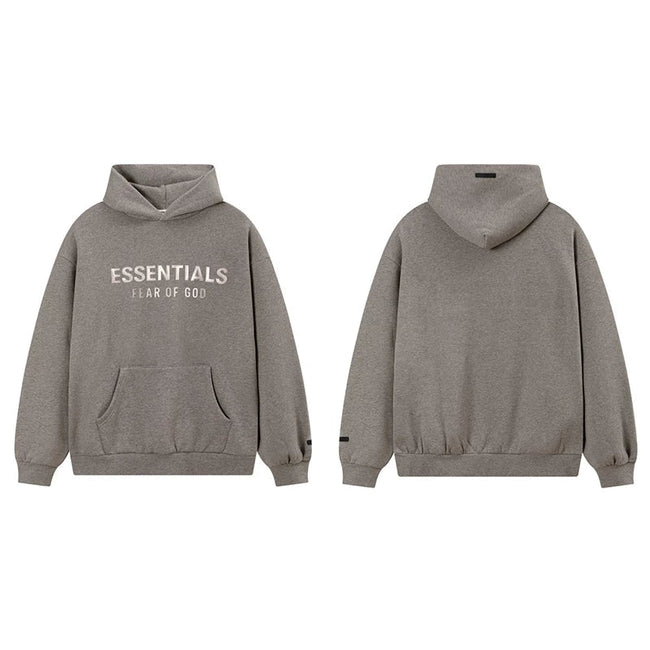 Fog Essentials Dark Greige Fleece‑Lined Oversized Pullover Hoodie Chest Logo Print Hover Image