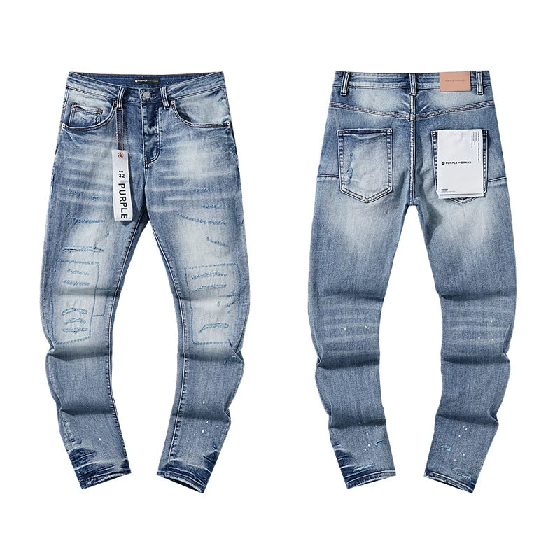 Light‑Blue Stitched Patch Slim Denim Jeans Streetwear Pants