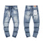 Light‑Blue Stitched Patch Slim Denim Jeans Streetwear Pants