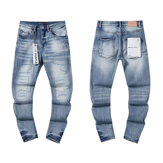 Light‑Blue Stitched Patch Slim Denim Jeans Streetwear Pants Hover Image