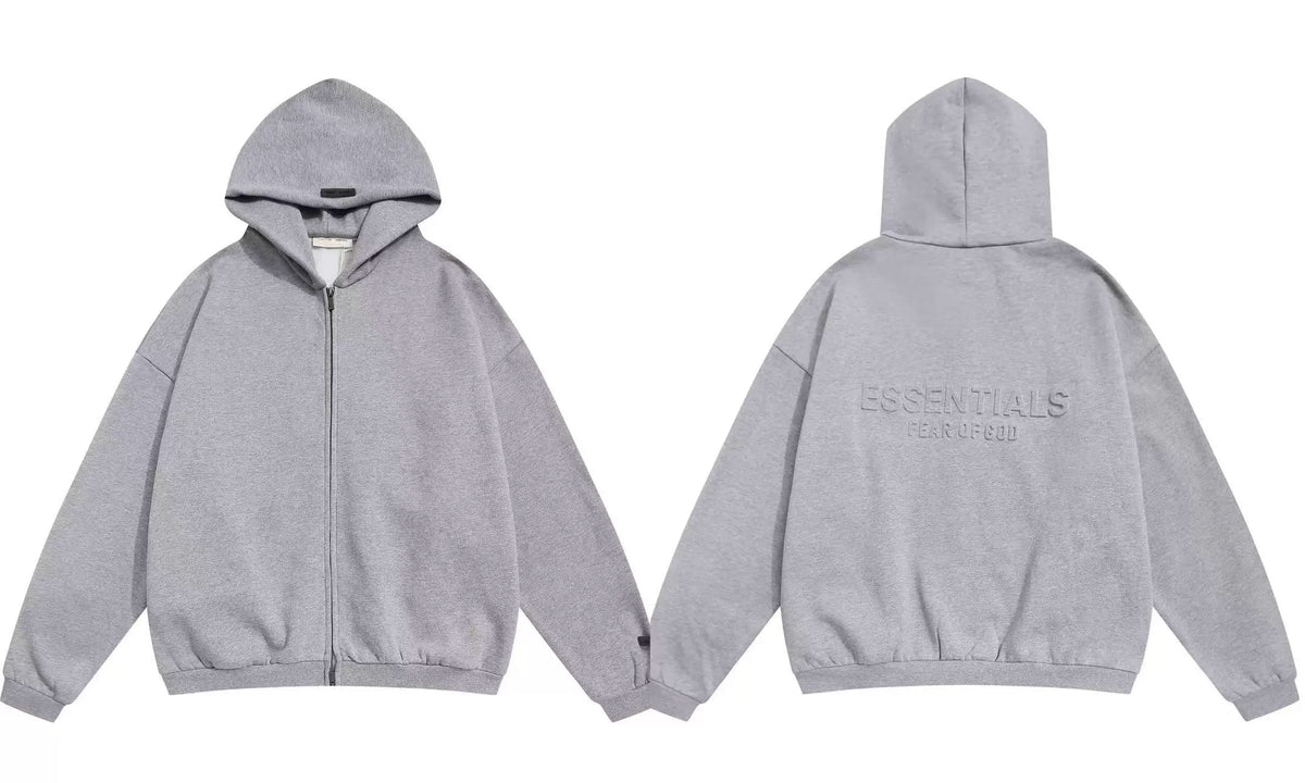Fog Essentials Heather Grey Oversized Zip‑Up Hoodie, Embossed Back‑Logo Streetwear Jacket