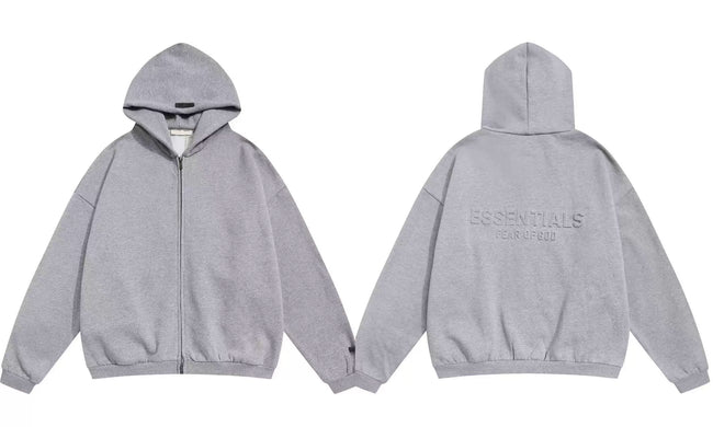 Fog Essentials Heather Grey Oversized Zip‑Up Hoodie, Embossed Back‑Logo Streetwear Jacket Hover Image
