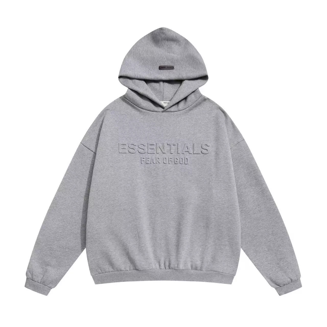 Fog Essentials Heather Gray Debossed Letter Hoodie, Relaxed‑Fit Neutral Street‑Wear Pullover