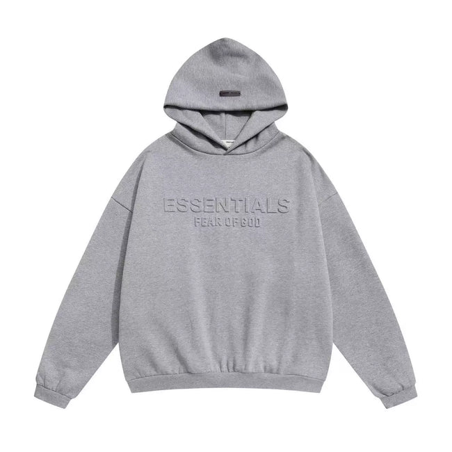 Fog Essentials Heather Gray Debossed Letter Hoodie, Relaxed‑Fit Neutral Street‑Wear Pullover Hover Image